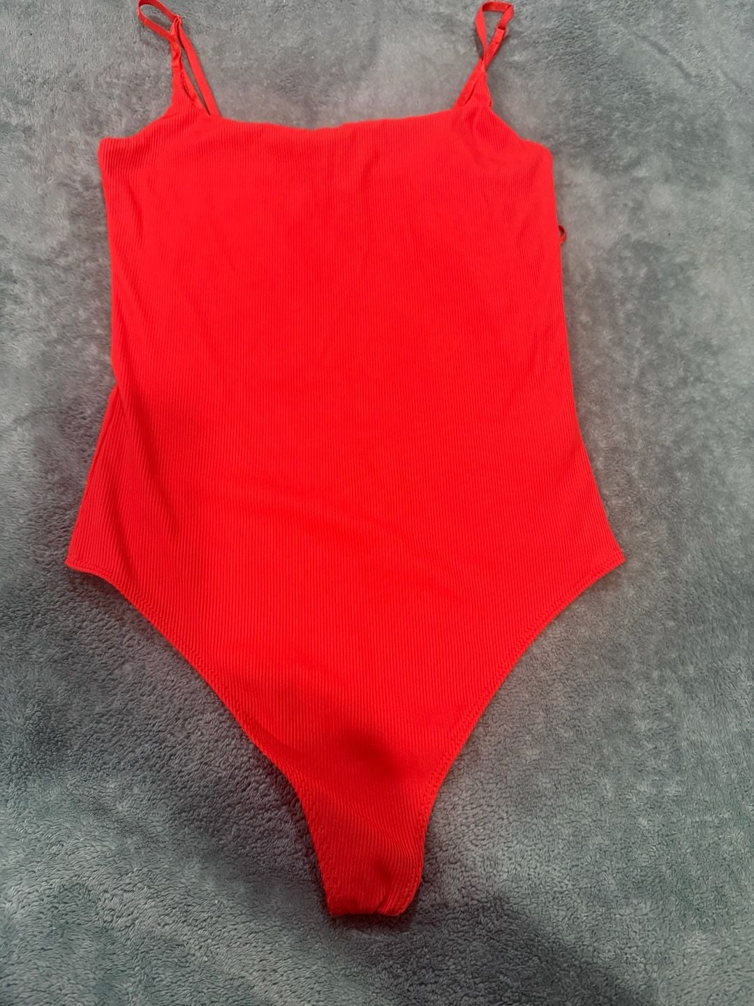 Women's Red Ribbed One-Piece Swimsuit With Thin Straps, Size S, House Of Harlow